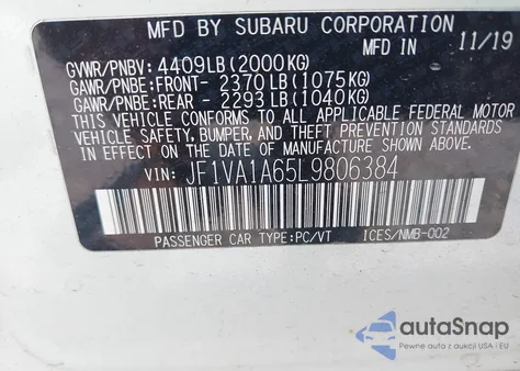 2020 Subaru Wrx из США, поврежденный, VIN JF1VA1A65L9806384